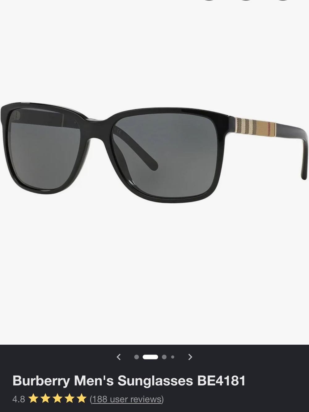 Burberry Men's Black Sunglasses with Beige Check Temples